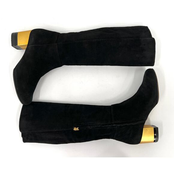 FENDI Boots Womens 38.5 Black Suede Knee High Tall Block Heeled Shoes Gold - Picture 7 of 13